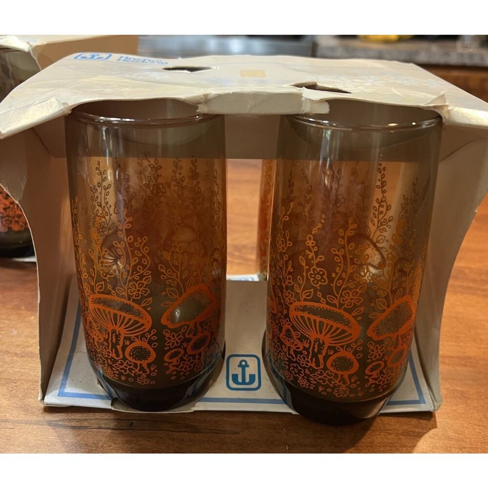 Vintage Anchor Hocking Glasses Orange Mushroom Garden 6” Tall 16 oz Set 4 NOS - Picture 2 of 12